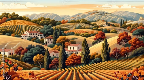 a sprawling vineyard, with orderly rows of grapevines, rustic farmhouses, and scenic hills in the background Use warm earth tones