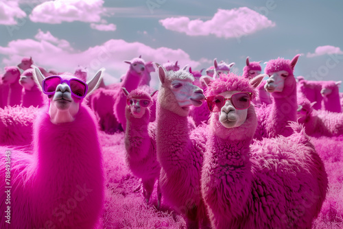 Quirky scene featuring pink llamas wearing stylish sunglasses against a pink background, adding a touch of whimsy to the setting