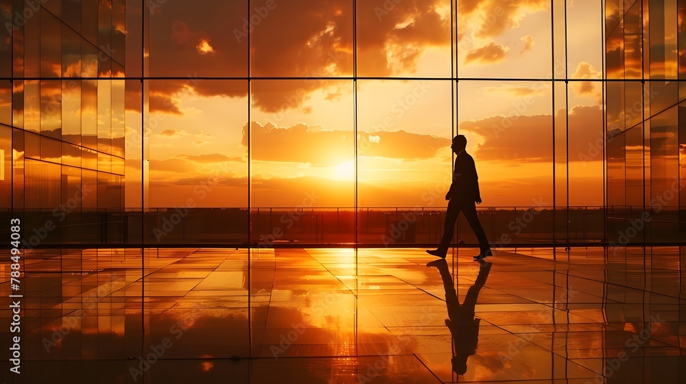 Ambition Unveiled: Businessman Walking Towards Future Goals Reflected in Sunset Office Window