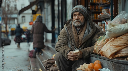 Poor homeless man on city street
