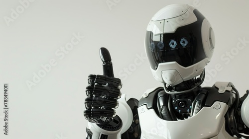 Friendly robot giving thumbs up on light background