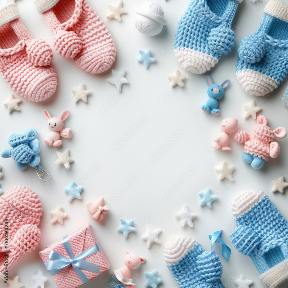 Baby accessories concept. Top view photo of giftbox knitted booties rabbit toy pacifier milk bottle and gold stars on isolated .boy or girl Baby accessories concept. Top view photo of giftbox knitted booties rabbit toy pacifier milk bottle and gold stars on isolated .boy or girl