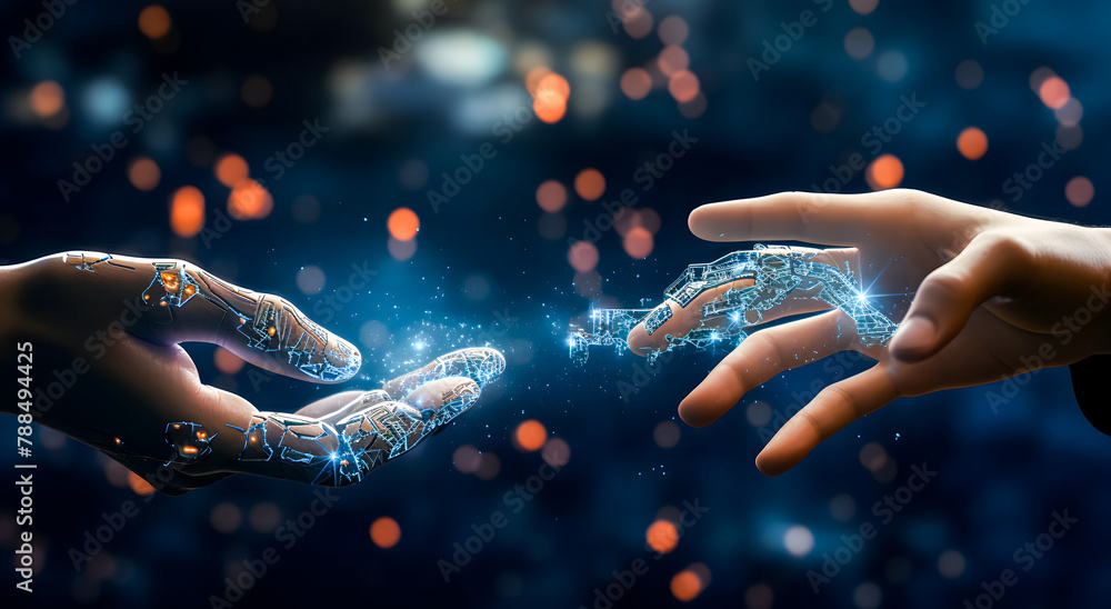 Background AI, Machine learning, Hands of robot and human touching on big data network connection, Data exchange, Science and artificial intelligence technology, innovation of futuristic. Background AI, Machine learning, Hands of robot and human touching on big data network connection, Data exchange, Science and artificial intelligence technology, innovation of futuristic.