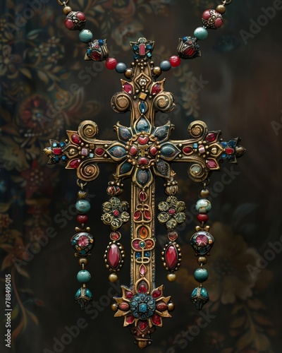 Bring a celestial perspective to faith symbols Show intricate details of ornate crosses, shimmering stars, and sacred prayer beads