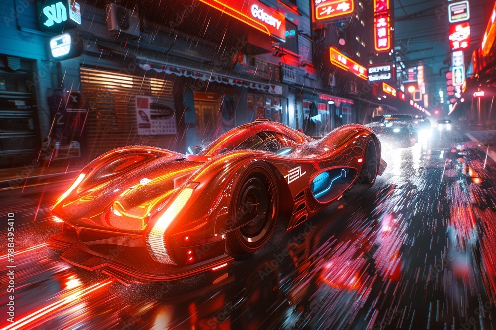 Cyberpunk underground racing, neonlit streets, highspeed, antigravity ...