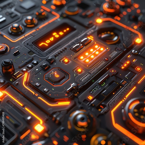 a futuristic tech control panel featuring sleek, metallic surfaces and glowing LED lights