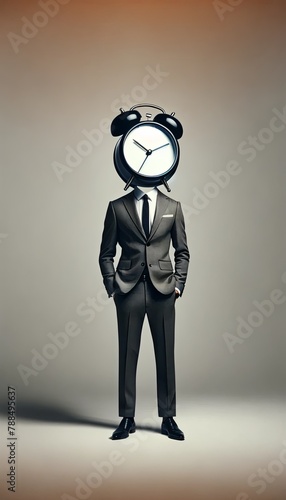 A man in a suit with an alarm clock for a head. photo