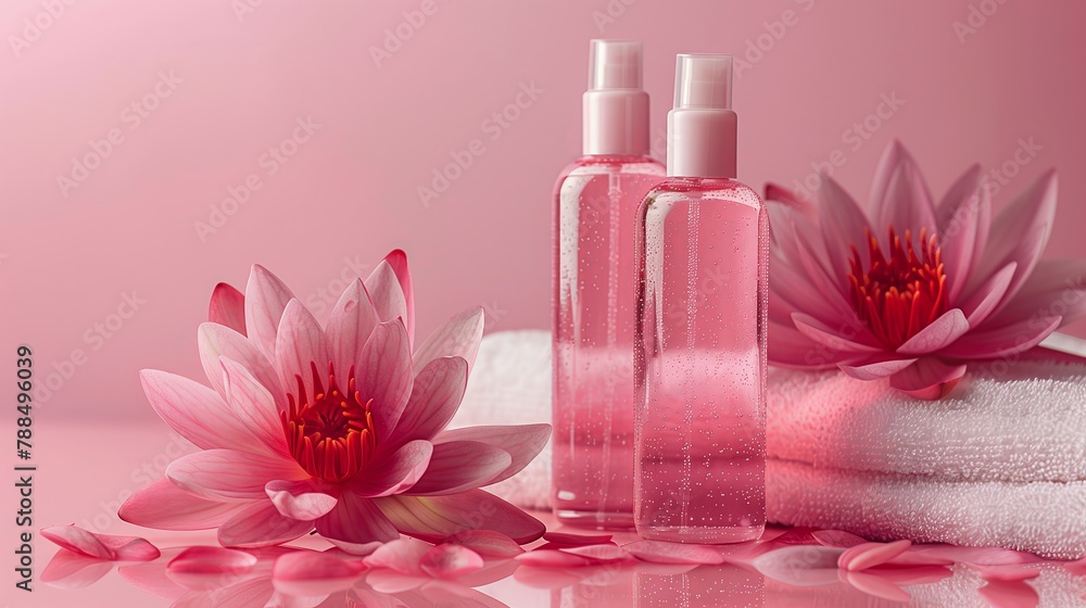 Two bottles of body lotion surrounded by pink lotus flowers next to a soft towel on a solid color background. Generated by artificial intelligence. Two bottles of body lotion surrounded by pink lotus flowers next to a soft towel on a solid color background. Generated by artificial intelligence.