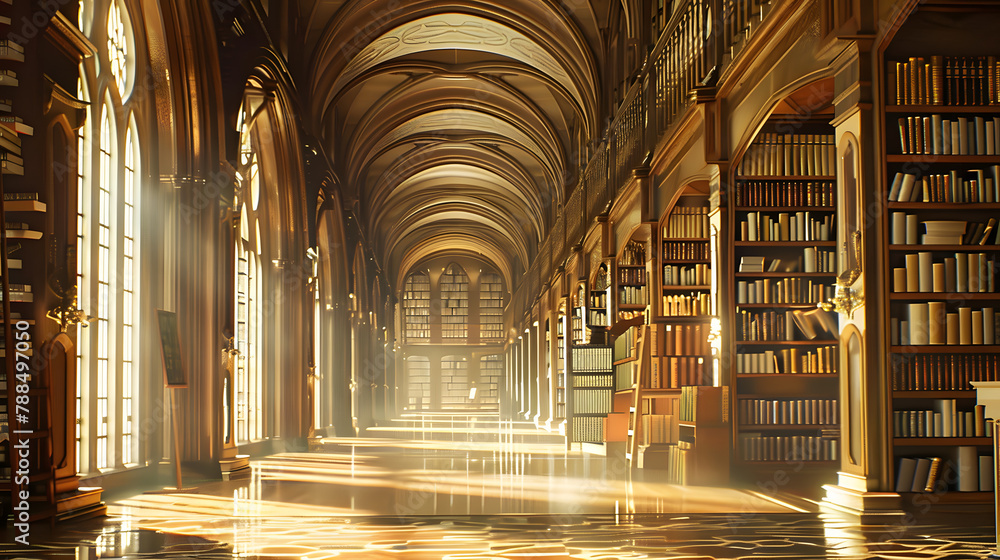 Majestic Library Hall Illuminated by Sunlight, Featuring Ornate Arched Bookcases Majestic Library Hall Illuminated by Sunlight, Featuring Ornate Arched Bookcases