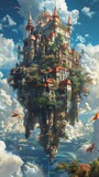 a majestic castle floating in the sky, surrounded by mystical creatures playing enchanting melodies