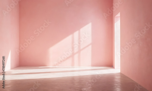 light pink empty room with window and sun rays coming through window  photo