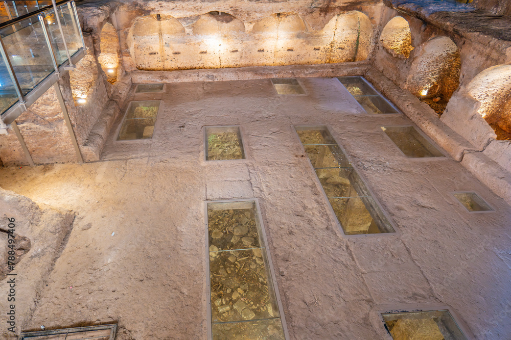 mardin dara ancient city cemetery section ancient settlement and underground cistern and dungeon illuminated mardin dara ancient city cemetery section ancient settlement and underground cistern and dungeon illuminated