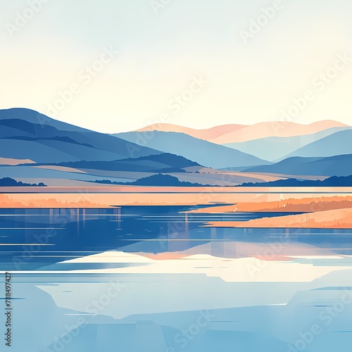 Peaceful Landscape with Serene Lakeside and Rolling Silicon Hills