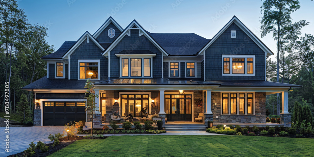 Beautiful twostory house with gable roof, grey shingle and white trim, large front porch, white windows, garage in the back of home, green grass, exterior home Beautiful twostory house with gable roof, grey shingle and white trim, large front porch, white windows, garage in the back of home, green grass, exterior home