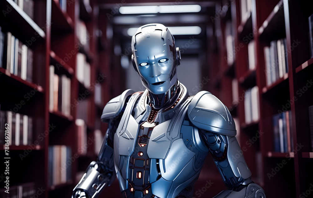 AI humanoid robot is studying and reading books in the library. AI machine learning. future concept AI humanoid robot is studying and reading books in the library. AI machine learning. future concept