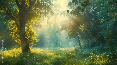 A secluded forest glade bathed in the soft light of dawn  a sanctuary of peace and tranquility untouched by time.