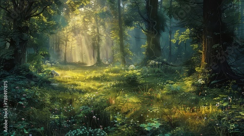 A secluded forest glade bathed in the soft light of dawn, a sanctuary of peace and tranquility untouched by time. photo