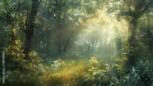 A secluded forest glade bathed in the soft light of dawn  a sanctuary of peace and tranquility untouched by time.
