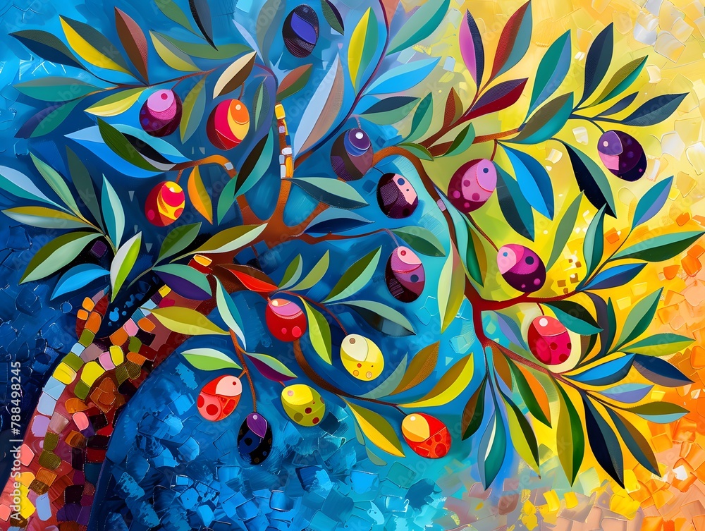 Olive tree with vibrant-colored olives and leaves