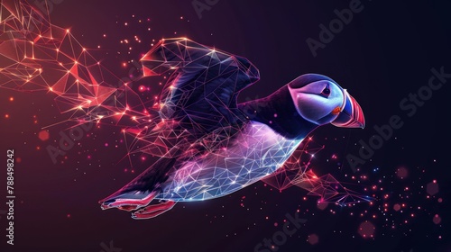 Atlantic bird puffin, fratercula arctica, from futuristic polygonal red lines and glowing stars for banner, poster, greeting card. AI generated photo