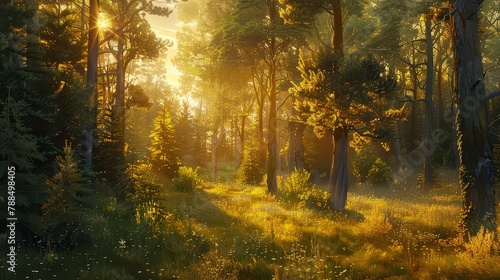 A serene forest glade bathed in the golden light of sunset  where the last rays of daylight filter through the towering trees.