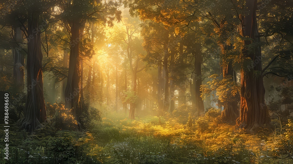 A serene forest glade bathed in the golden light of sunset, where the last rays of daylight filter through the towering trees.