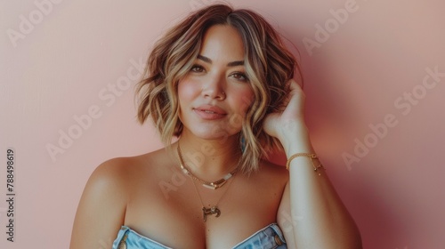 portrait of beautiful plus size curly young woman posing on studio background