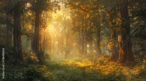 A serene forest glade bathed in the golden light of sunset, where the last rays of daylight filter through the towering trees.