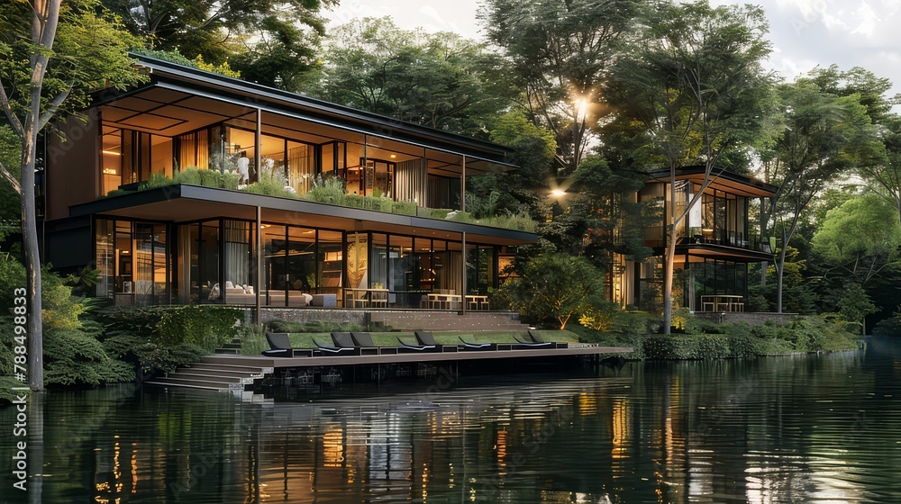 A serene lakeside retreat, with a contemporary glass house nestled amidst lush greenery, offering panoramic views of the tranquil waters and surrounding landscape.