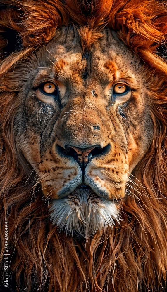 Naklejka premium Wildlife Portrait A close-up portrait of a majestic lion, capturing the essence of wildlife in detail
