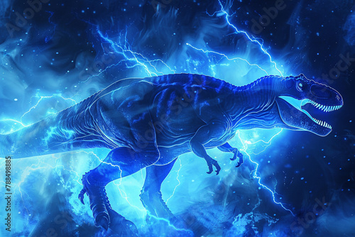 Electric sky blue Tyrannosaurus silhouette, radiating energy and vitality. © Ali