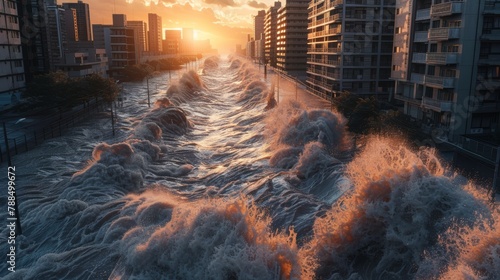 A city is flooded with water and buildings are almost submerged