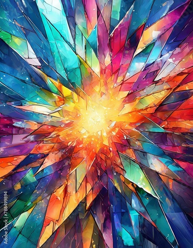 Illustrate a dynamic and colorful abstract geometric background with a crystalline structure that appears as a 3D explosion of glass shards