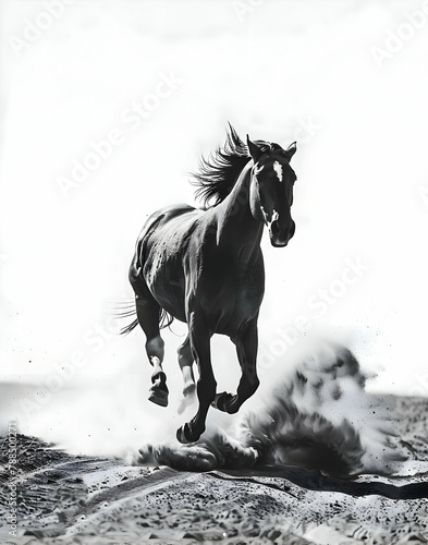 black and white photo of wild bronco horse running and rearing  galloping horse kicking up dirt and dust  cantering horse  sprinting horse photo