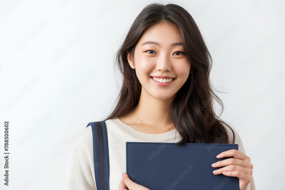 Young korea woman holding an navy file and smiling isolated on a white background Young korea woman holding an navy file and smiling isolated on a white background