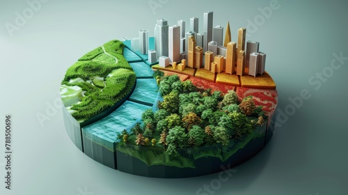 A pie chart of the biosphere, showing the distribution of land and water, and the proportion of each that is covered by forests, grasslands, deserts, and urban areas. photo