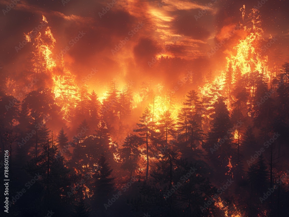 A wildfire burns through a forest at night.
