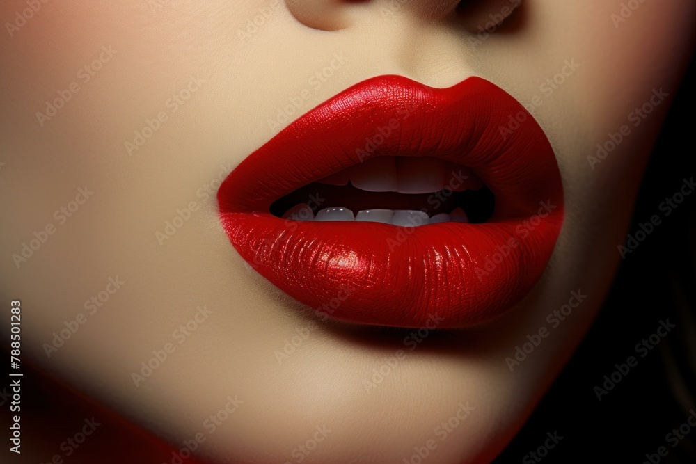 Obraz premium Exquisite Red lipstick model. Shadow smile. Generate Ai