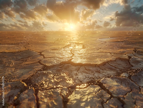 Arid desert with cracked earth and a setting sun