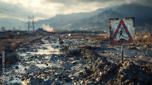 Obraz na płótnie Post apocalyptic landscape with a warning sign