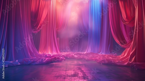 Pink and blue silk curtains on a stage with a spotlight photo
