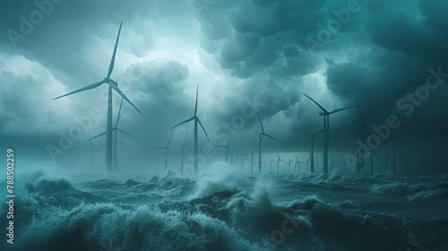An offshore wind farm in the middle of a storm.