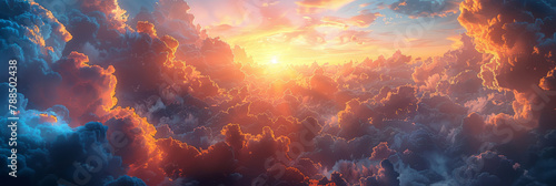  clouds orange beam of light shines down , cloud and sun, background of heaven, where a bright ray of light breaks through the clouds, banner