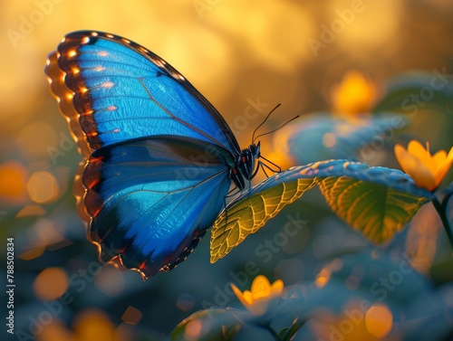 A blue morpho butterfly on a leaf with yellow flowers in the background photo