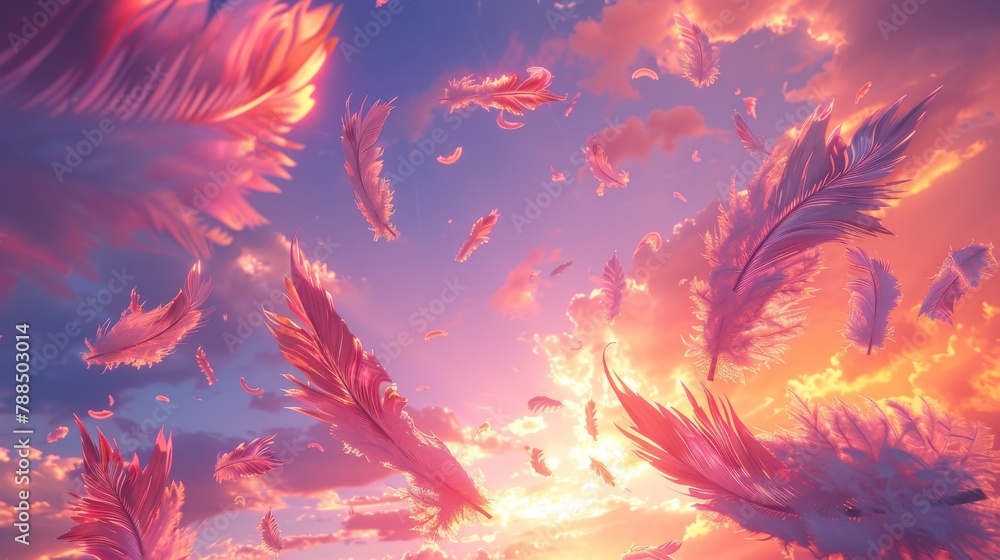 Pink feathers are falling from a bright sky. Pink feathers are falling from a bright sky.