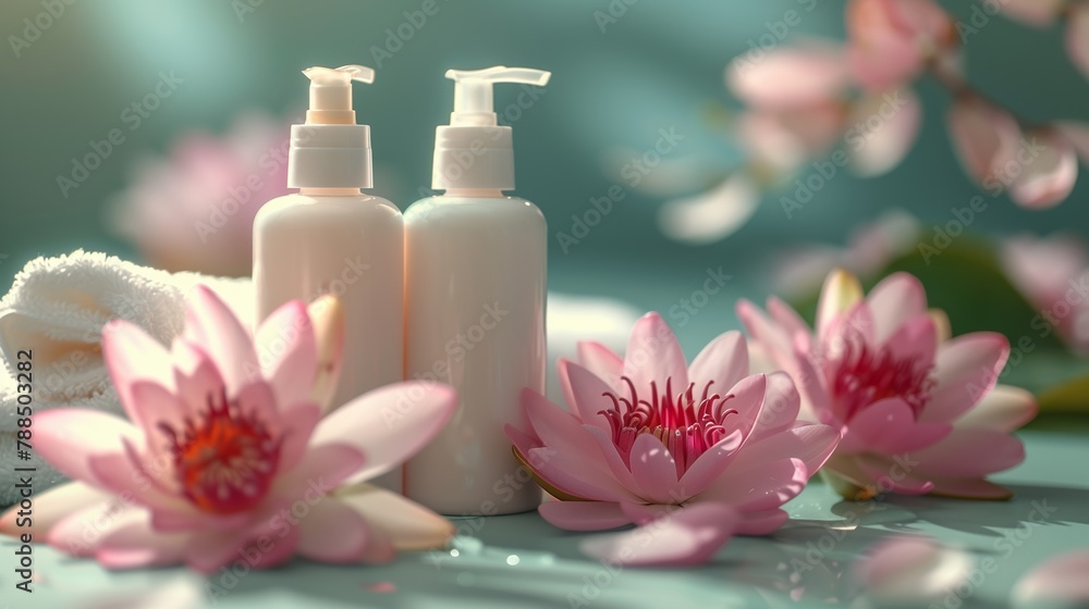 Two bottles of body lotion surrounded by pink lotus flowers next to a soft towel on a solid color background. Generated by artificial intelligence. Two bottles of body lotion surrounded by pink lotus flowers next to a soft towel on a solid color background. Generated by artificial intelligence.