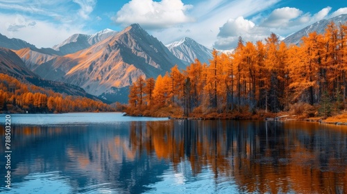 beautiful lake with mountains and orange trees in the background photo