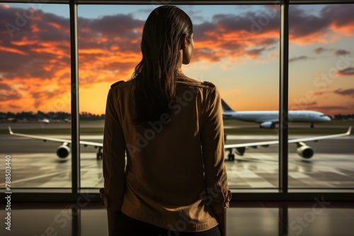 A female tourist checks flight information at the airport information deskSide view from a distance. photo