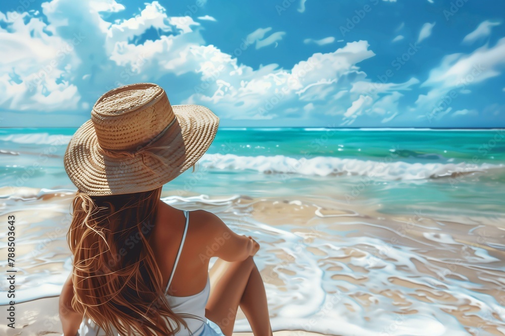 girl on the beach enjoying sunshine on summer vacation. Generative AI