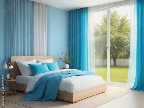 bed room with a sky blue wall, warmth and nature touch, walnut bed frame, and sheer white curtain for the window